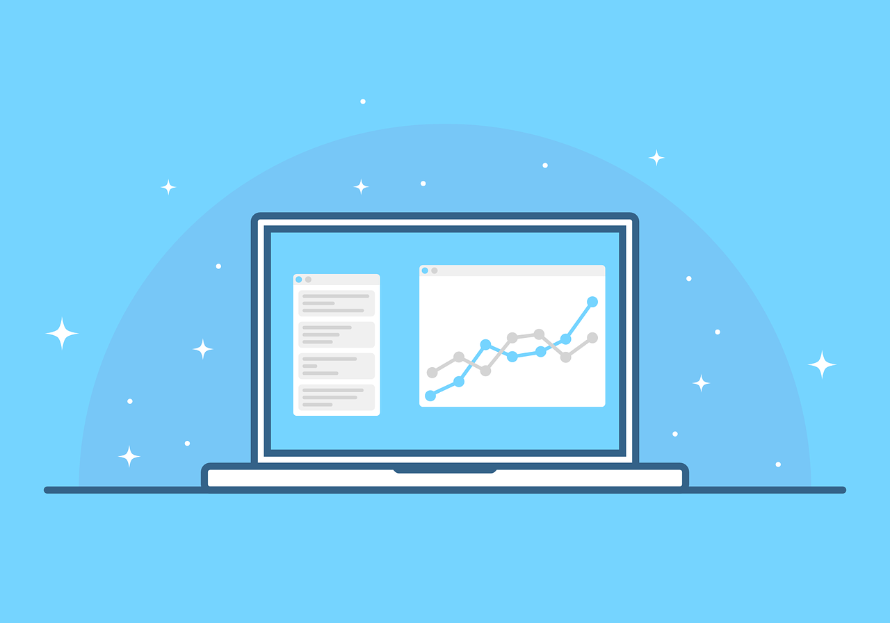 um fundo azul com um notebook a frente. a imagem ilustra vagamente ferramentas de web analytics